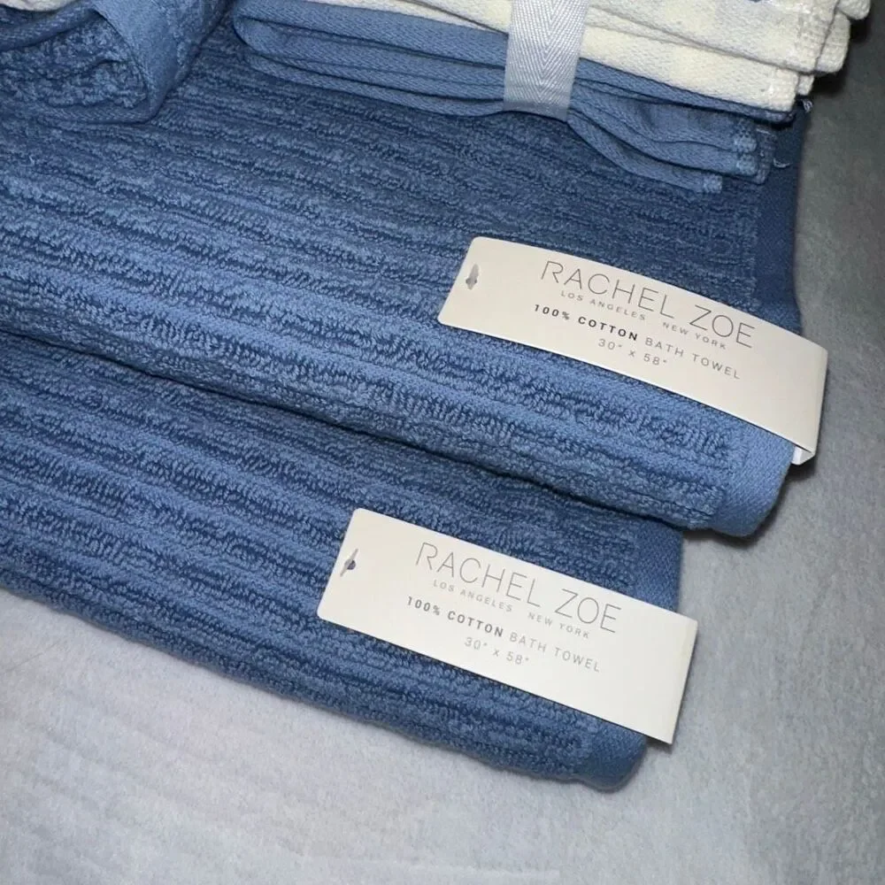 Rachel Zoe Bath Towel Set Cream Dusty Blue Stripe and Solids Pattern 8 Piece NWT